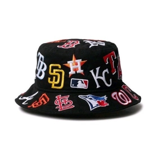 New Era MLB Allover Logo Bucket Hat Baseball Black AOP Embroidered Scramble L/XL